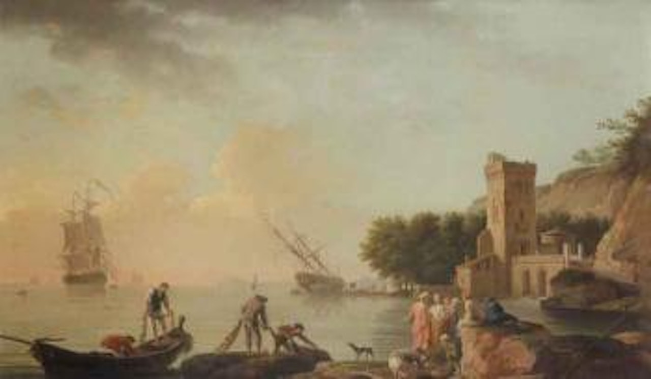 Mediterranean harbour with fishermen hauling in their catch by Claude Joseph Vernet