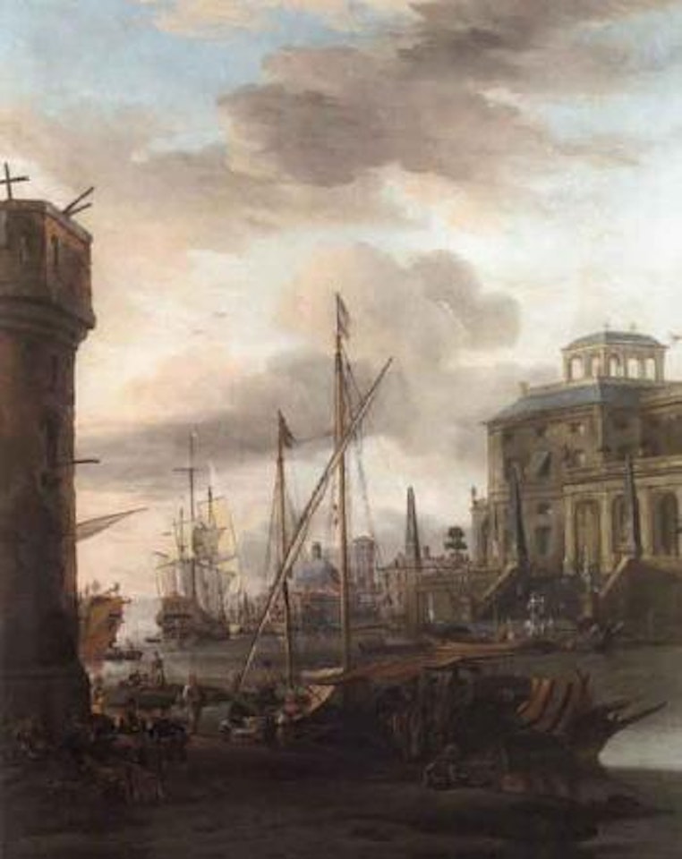 Harbour capriccio with merchants and stevedores on the quay by Abraham Storck