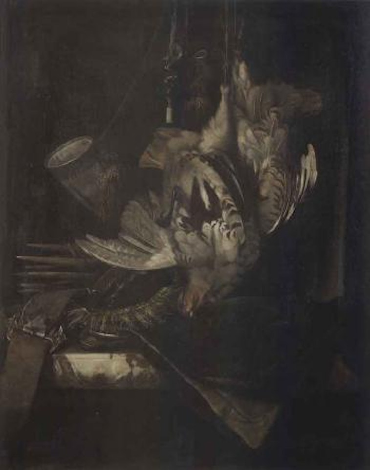Dead partridge and hunting paraphernalia hanging above a ledge by Willem van Aelst