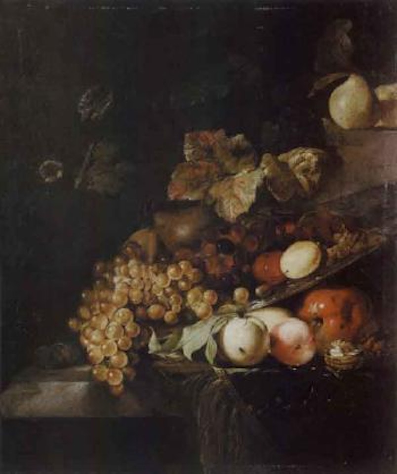 Fruits, walnuts and slaver on a partially draped ledge by Jan Weenix