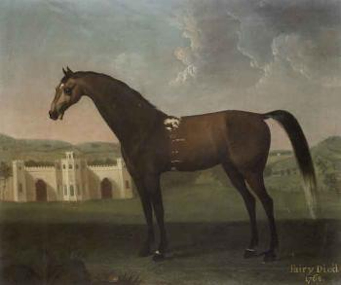 Fairy, a chestnut horse, in a park landscape with gothic mansion beyond by English School