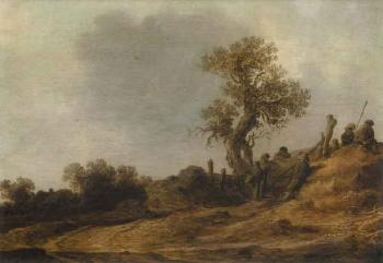 Landscape with peasants resting by a gate by Jan van Goyen