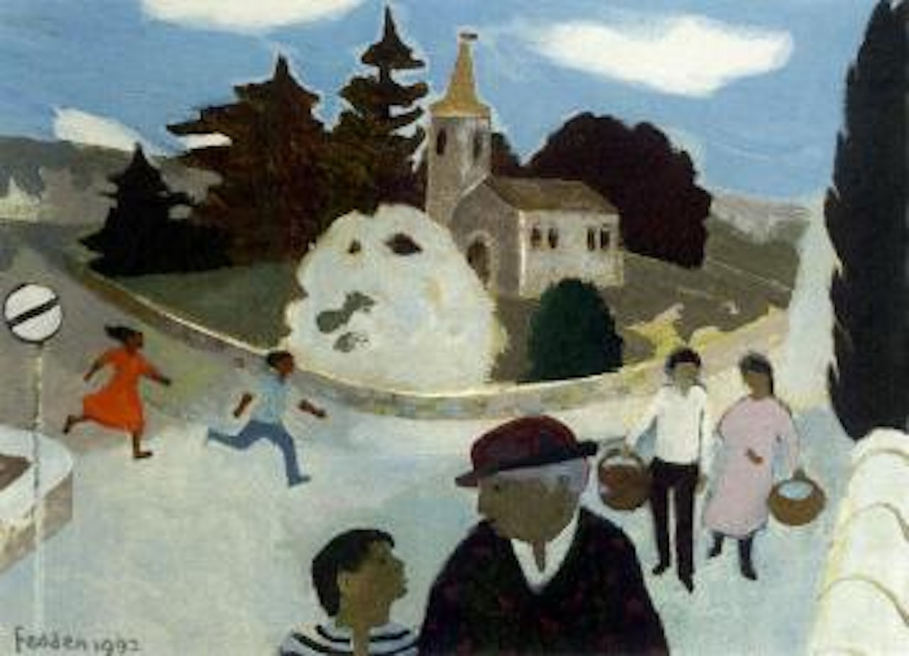 Figures before a church by Mary Fedden