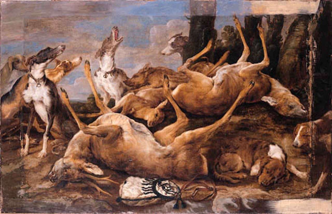 Spaniels with dead game at foot of tree in landscape by Paul de Vos