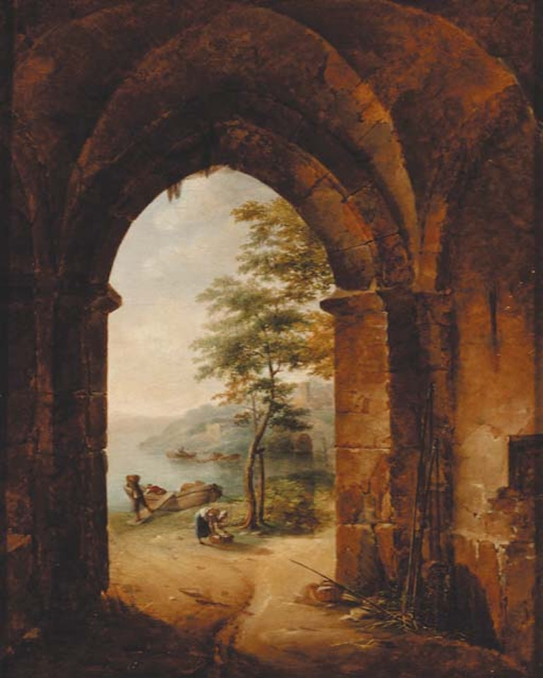 Gothic archway with peasants unloading a boat in a river landscape by French School