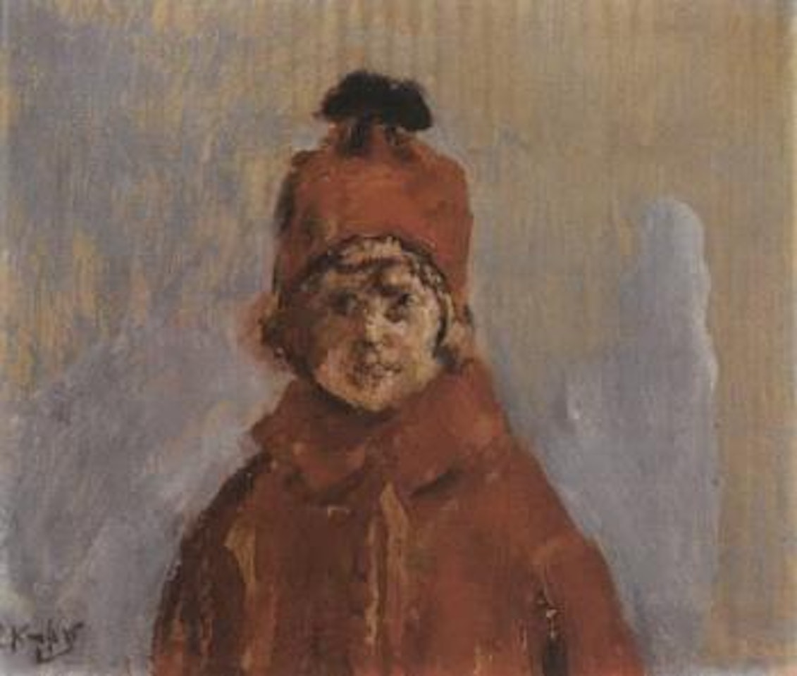 Small girl wearing red coat and hat by Christian Krohg