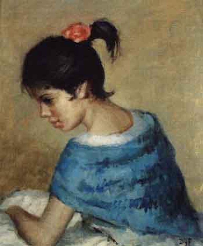 Portrait of a young girl in a blue shawl by Marcel Dyf