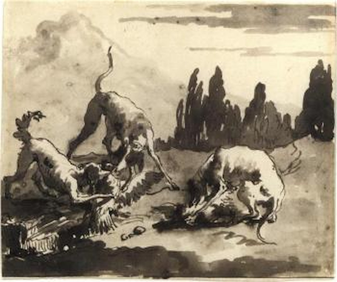 Dogs attacking chickens in a landscape by Giovanni Domenico Tiepolo