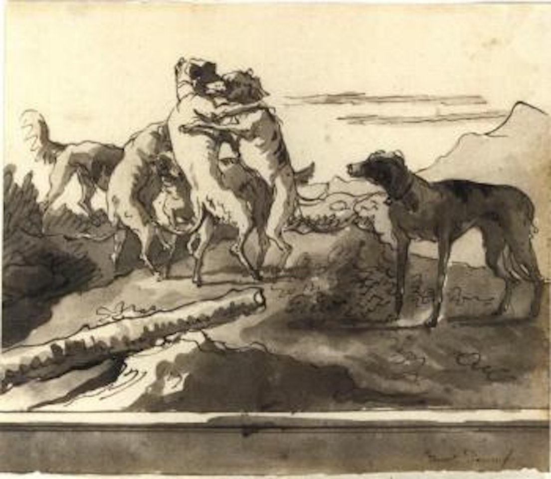 Dogs playing in a landscape by Giovanni Domenico Tiepolo
