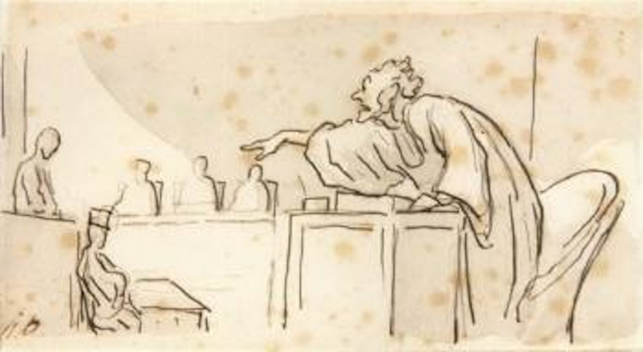 Lawyer pointing to a defendant in a courtroom by Honoré Daumier