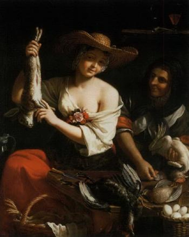 Market stall with a young woman pointing to a hare and a peasant paying for a chicken by Flemish School
