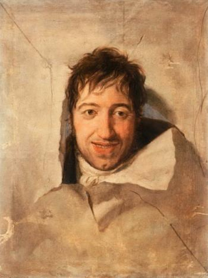 Trompe-l'oeil with a man's head through a canvas, possibly self portrait by Louis-Leopold Boilly