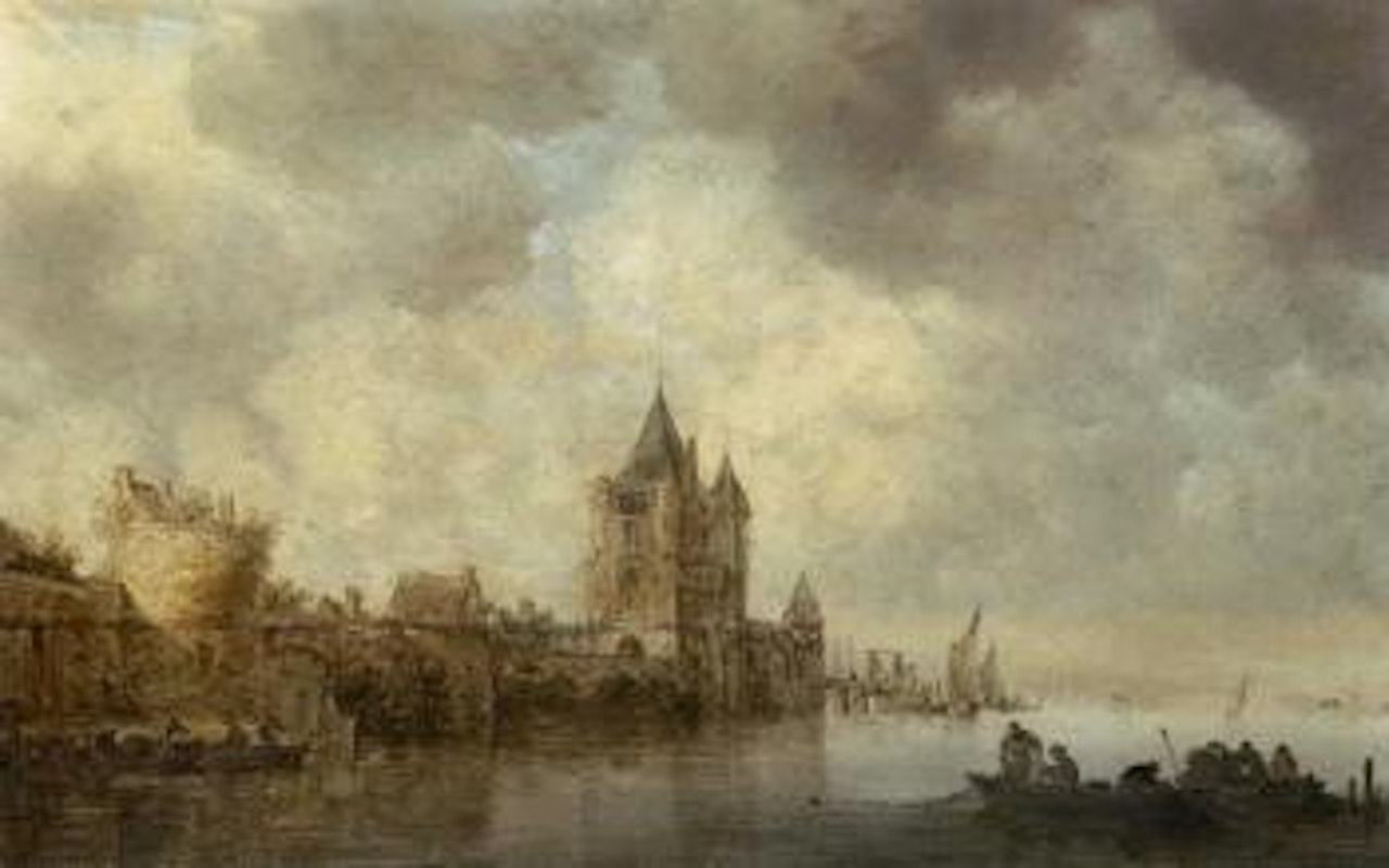 River landscape with fishermen in a boat before a village jetty by Jan van Goyen