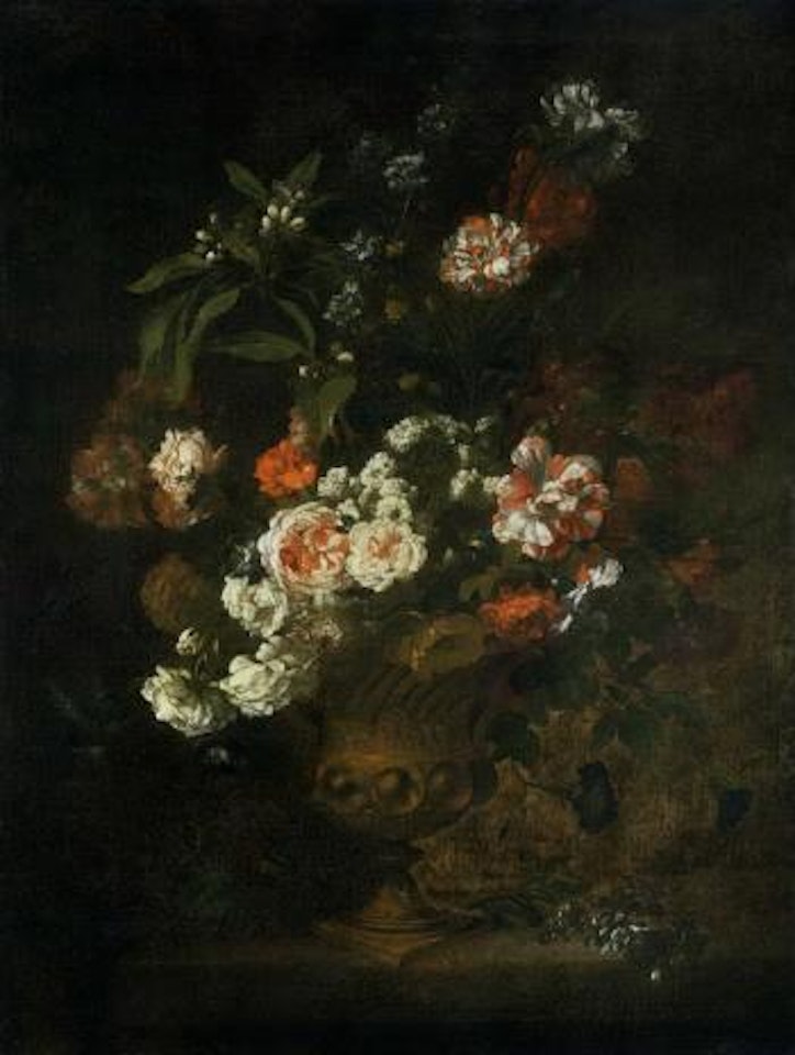 Peonies, narcissi and other flowers in an urn on a ledge by Jean Baptiste Monnoyer