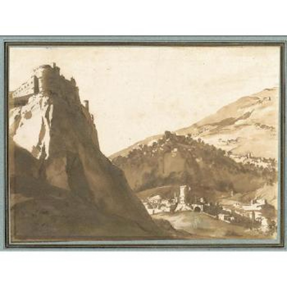Hilly landscape with a fortified town in the foreground by Jan de Bisschop