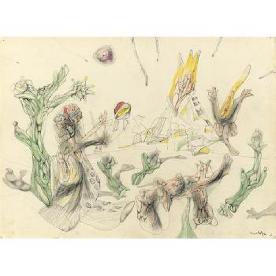 Femme jouant a la belle devant un volcan by Roberto Matta