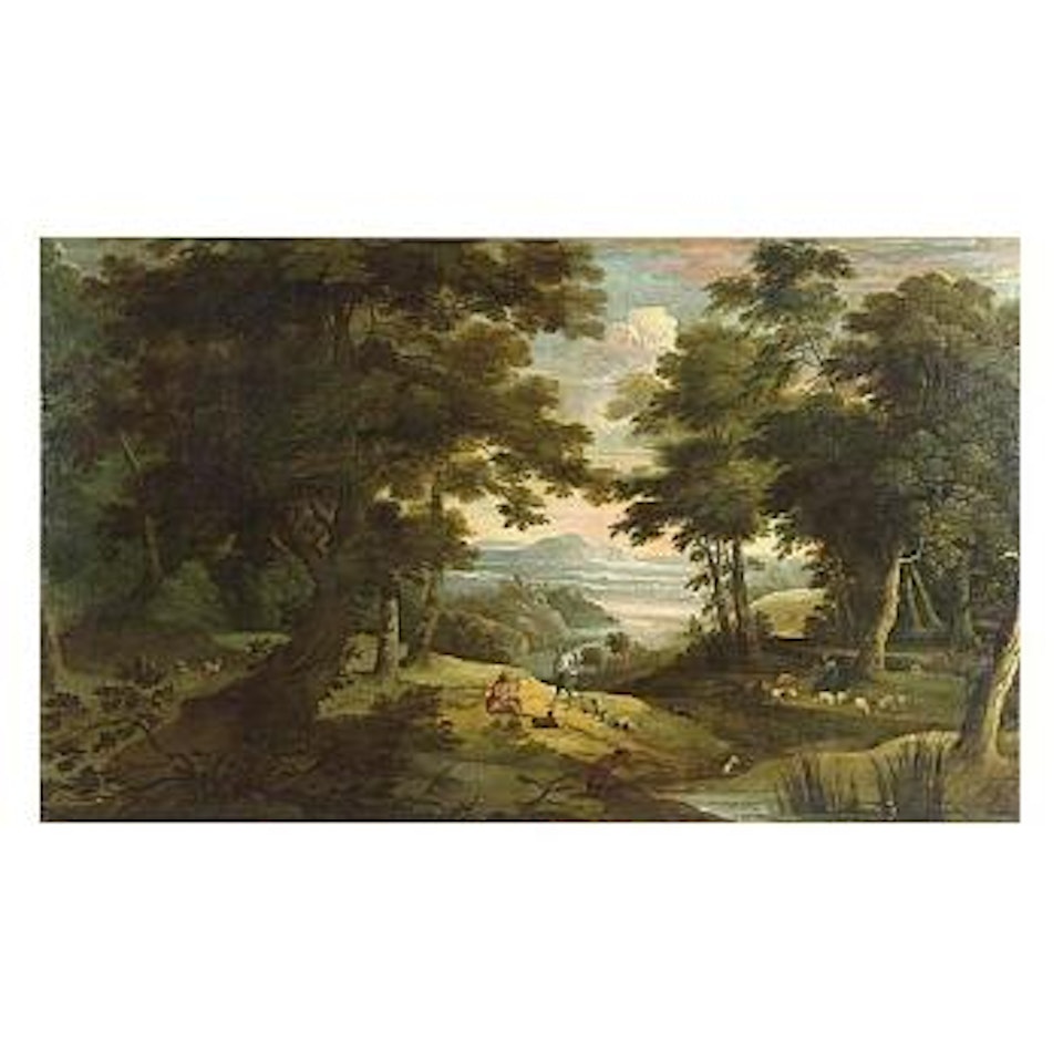 Hunters resting in a forest with an extensive landscape by Italian School