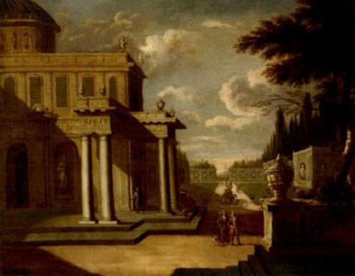 Capriccio view of a walled garden with elegant figures by Italian School