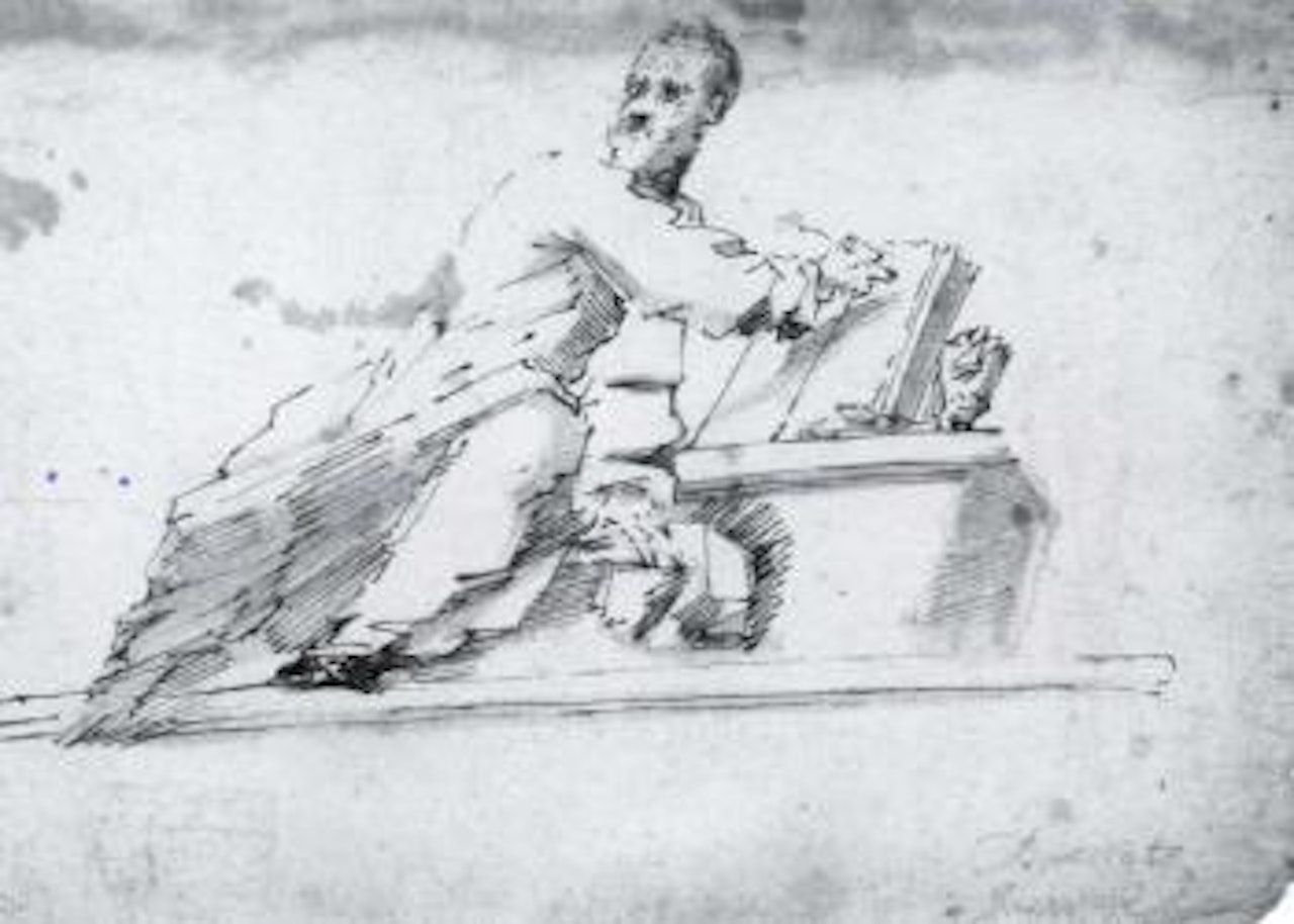 Seated scholar holding an open book. Crucifixion studies by Gaspare Diziani