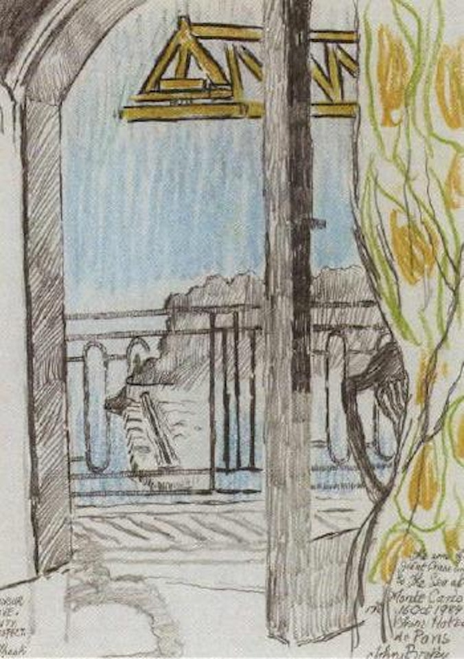Arm of the giant crane bird and the sea at Monte Carlo from Hotel Paris by John Bellany