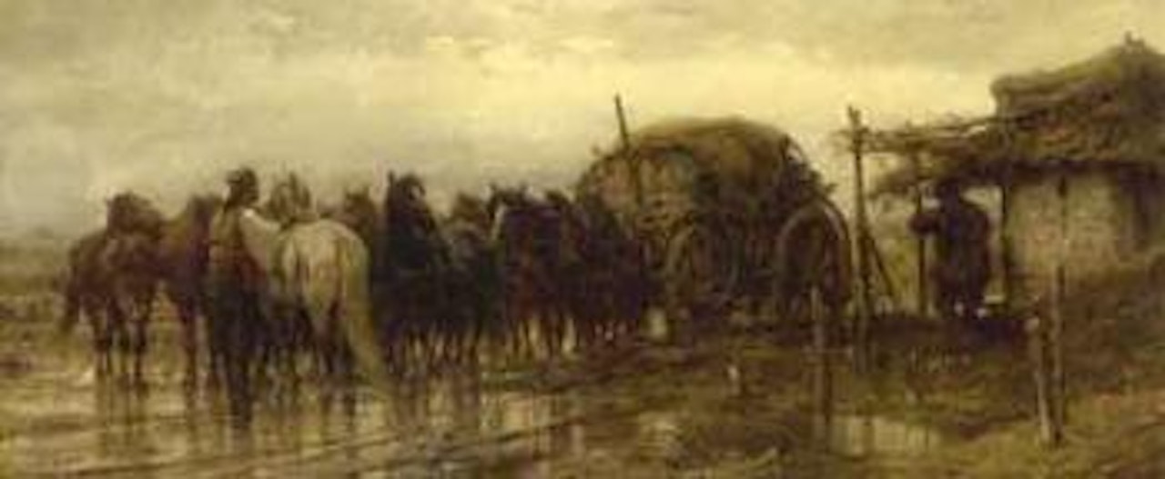 Horses and horsemen with carriage by Adolf Schreyer