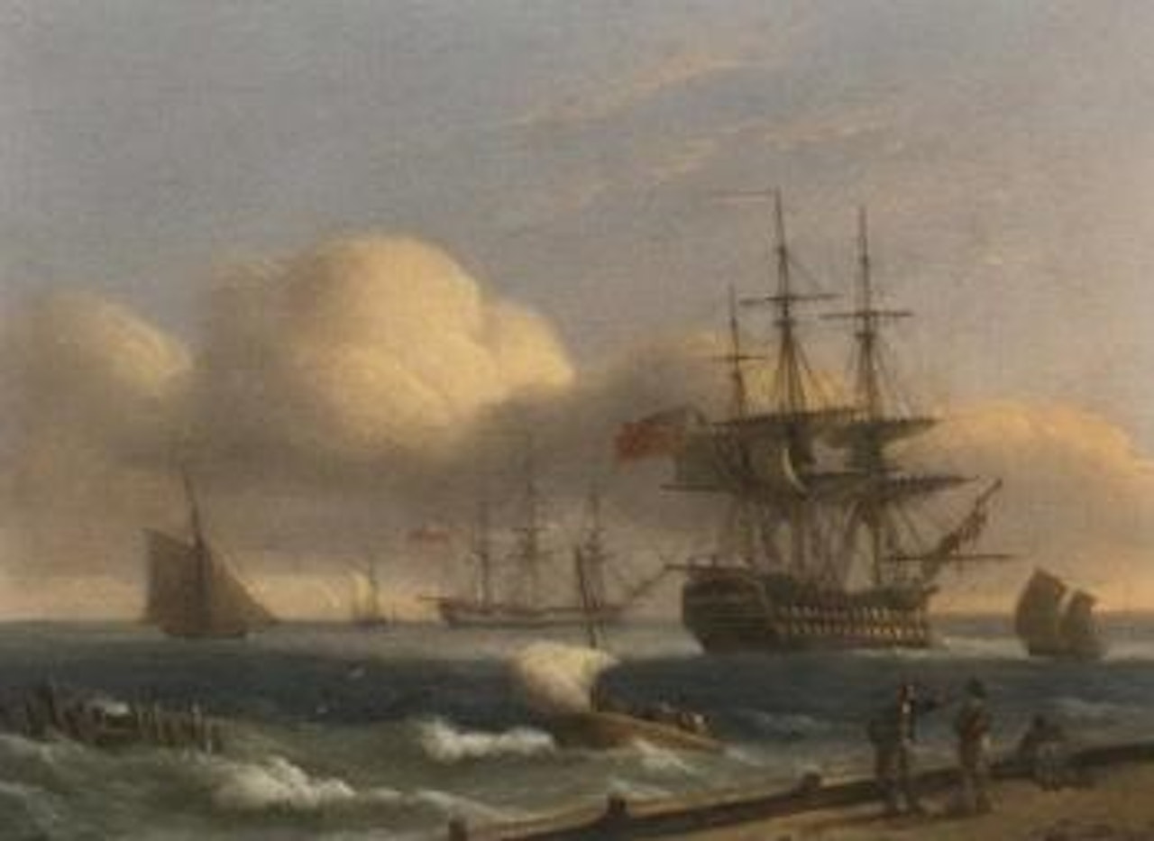 Royal Naval warships lying at anchor in a stiff breeze by Thomas Luny