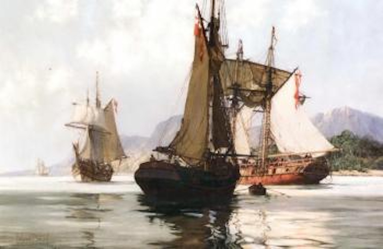 Seventeenth Century English Privateers at their Caribbean anchorage by Montague Dawson