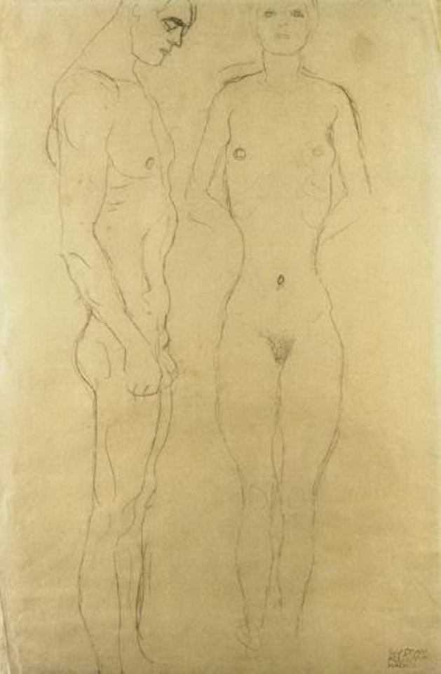 Athlete in profile facing right, female nude seen from the front by Gustav Klimt
