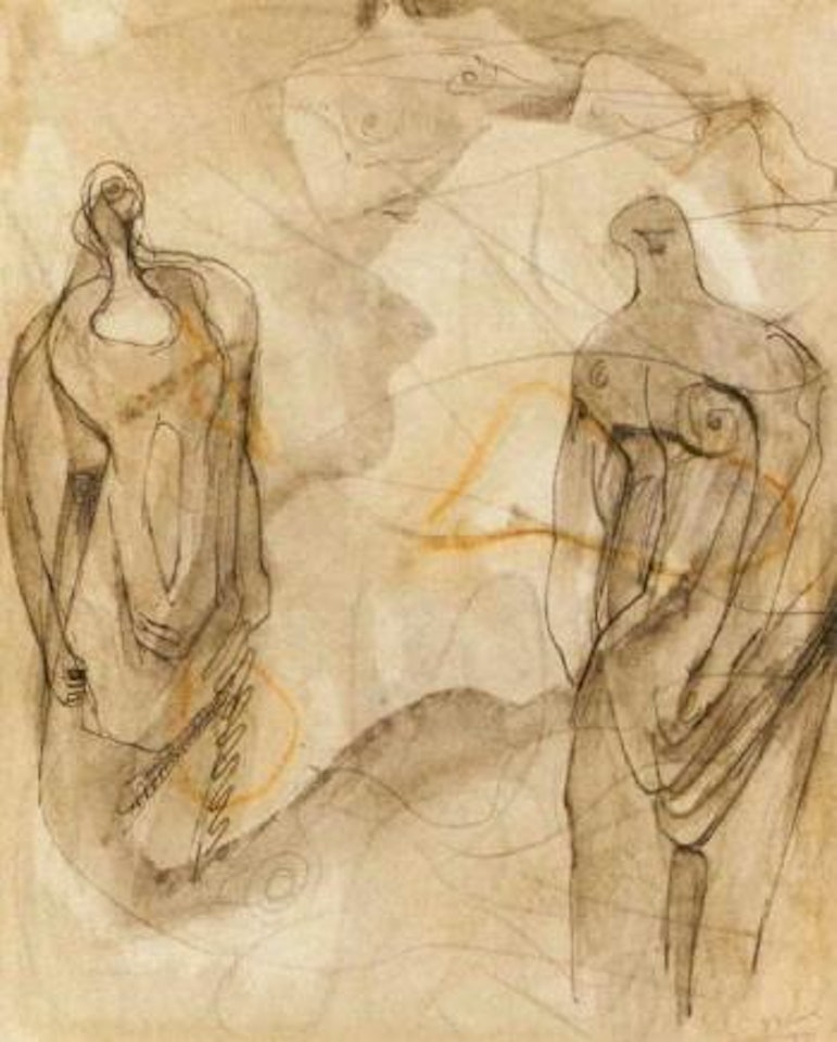 One reclining and two standing figures by Henry Moore