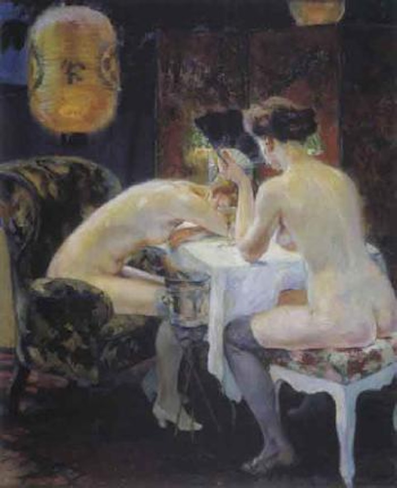 Two nude females sitting at a table in a private booth by Edward Cucuel
