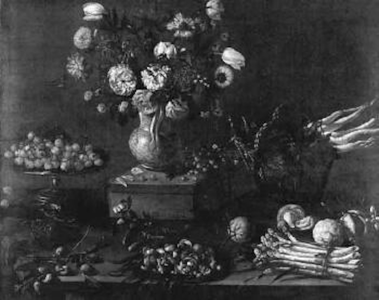 Ornate still life with flowers and vegetables by Spanish School