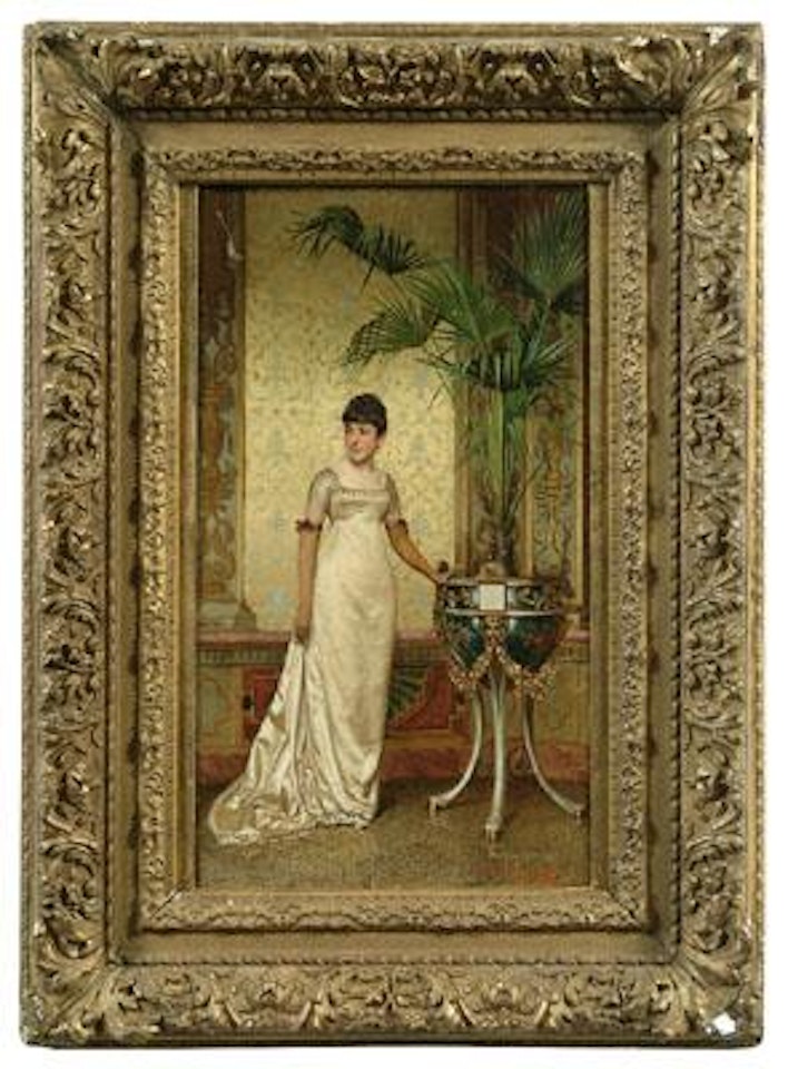 Portrait of a lady, in an interior wearing a satin gown by Frédéric Soulacroix
