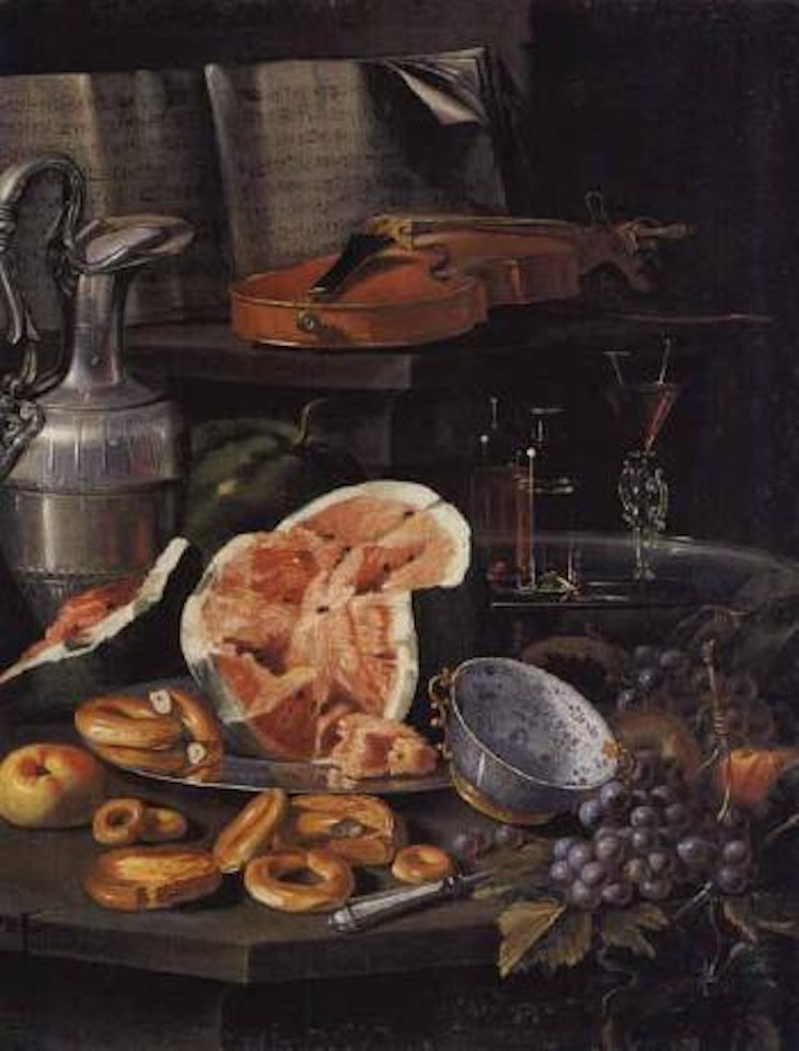Still life with violin, jug, watermelon and grapes by Cristoforo Munari