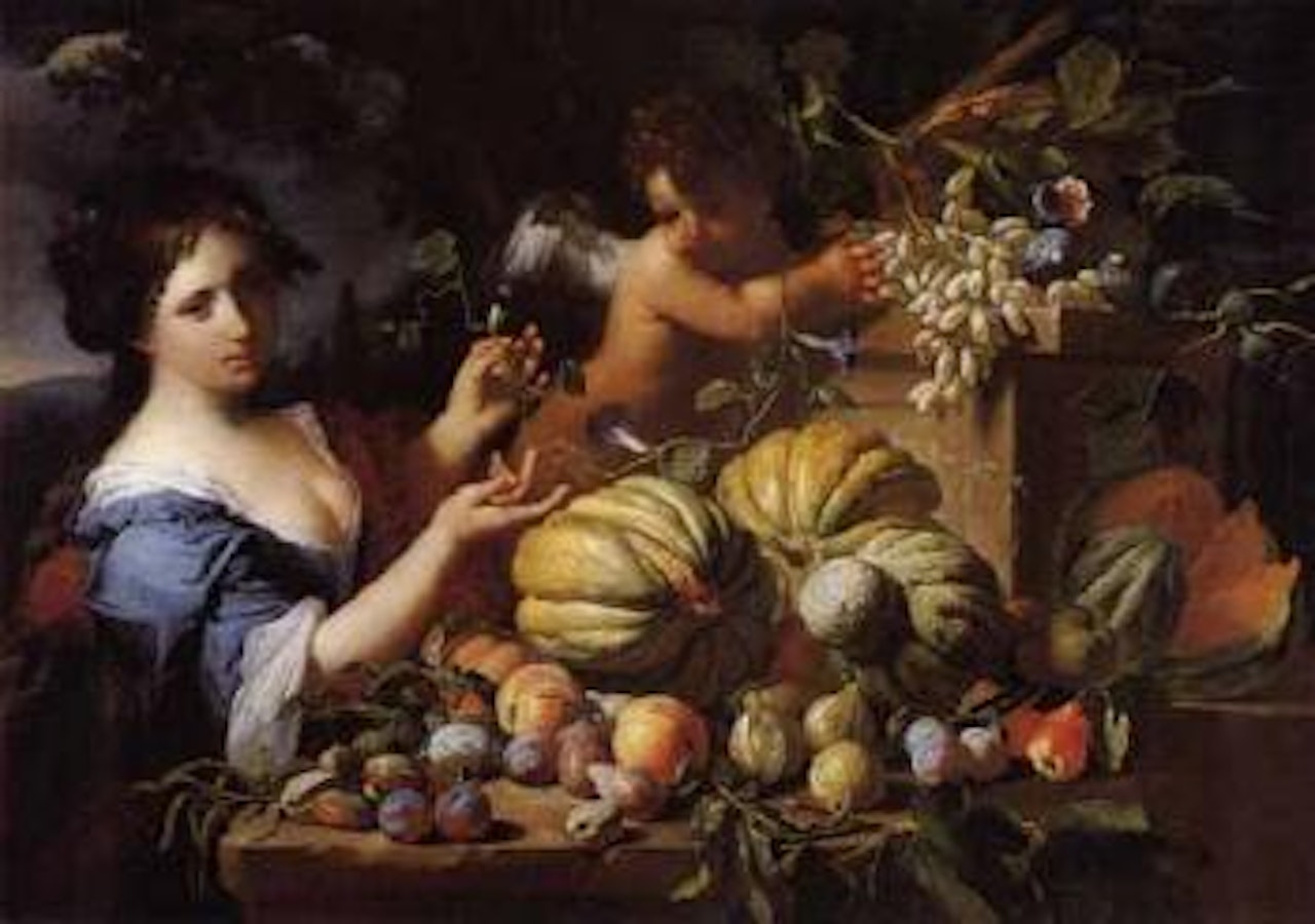 Still life of fruit with woman by Abraham Brueghel