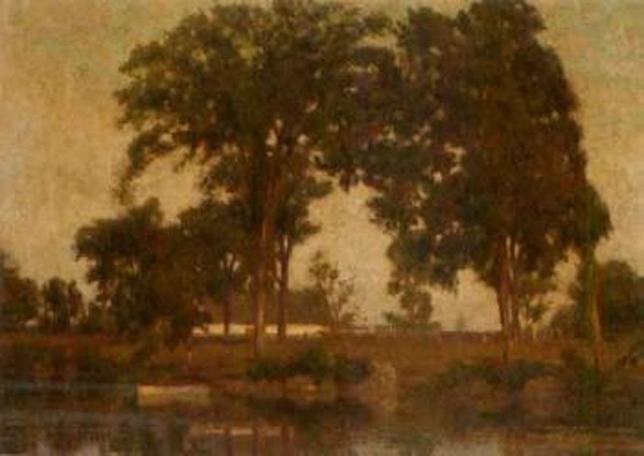 Boat on a lake, farmstead beyond by William Brymner