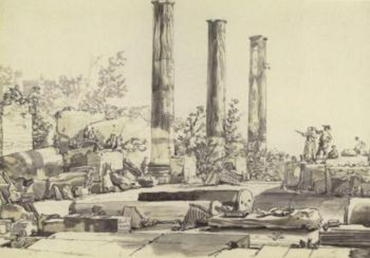 Landscape with figures among ruins of the Temple of Apollo by Claude Joseph Vernet