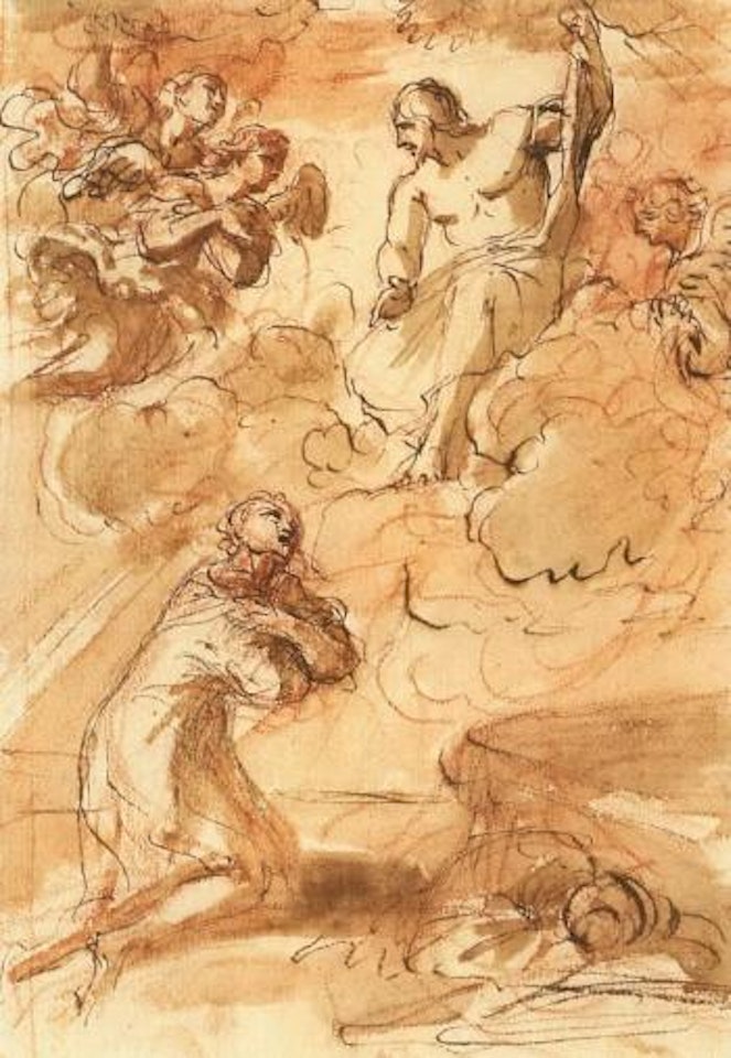 Le Christ accompagne d'anges apparaissant a un saint agenouille by Pier Francesco Mola