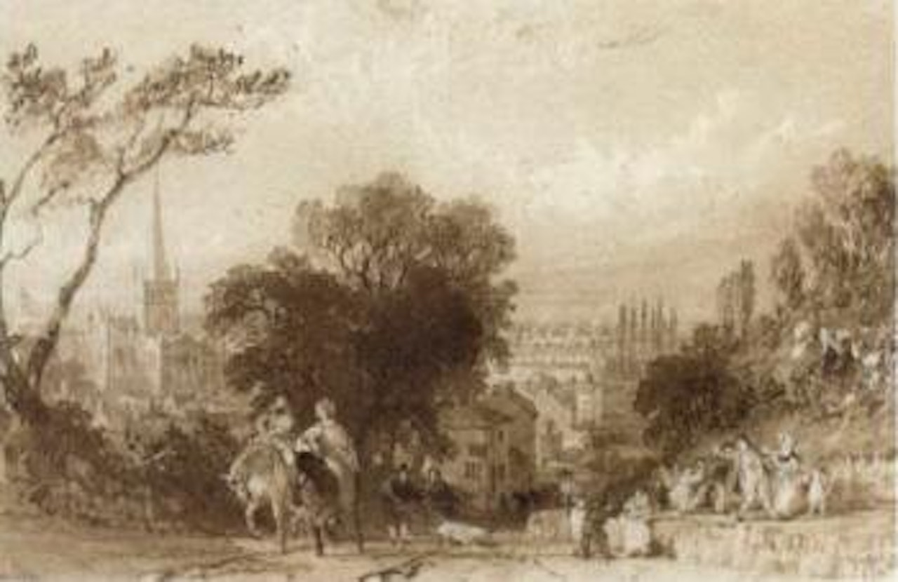 Busy Darlington Road with St Cuthbert's church in the distance by Thomas Allom