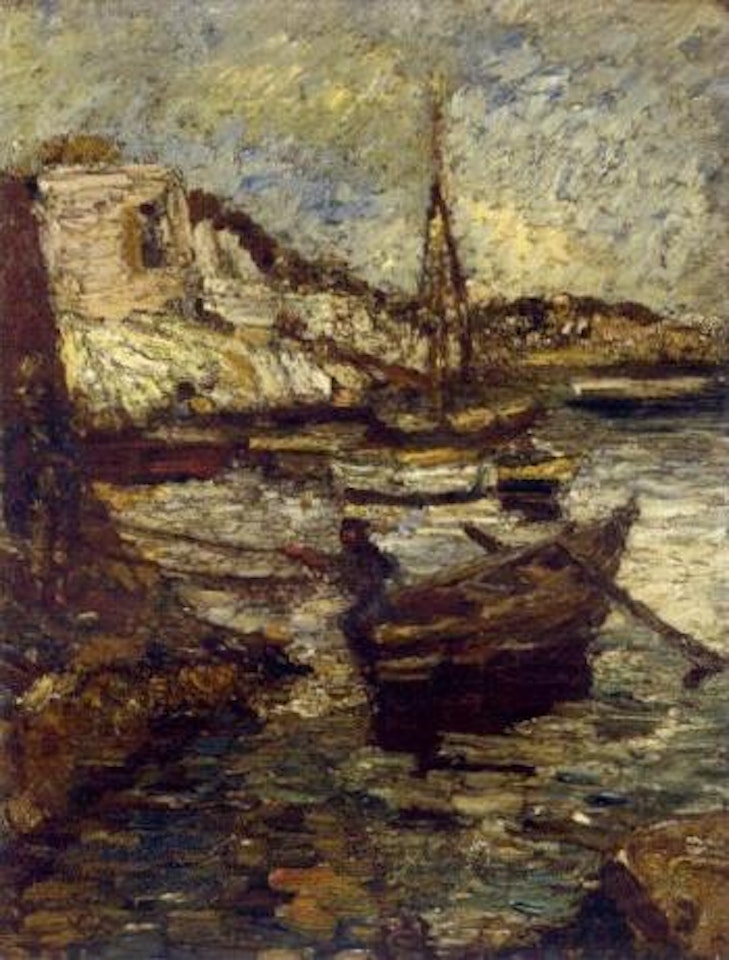 Boats in a harbour by Adolphe Monticelli