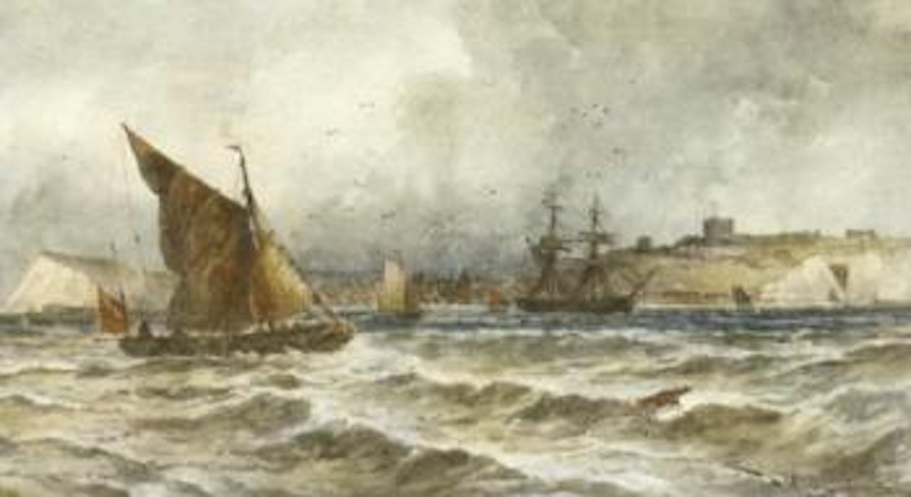 Trading brig and other shipping in the Channel off Dover by Thomas Bush Hardy