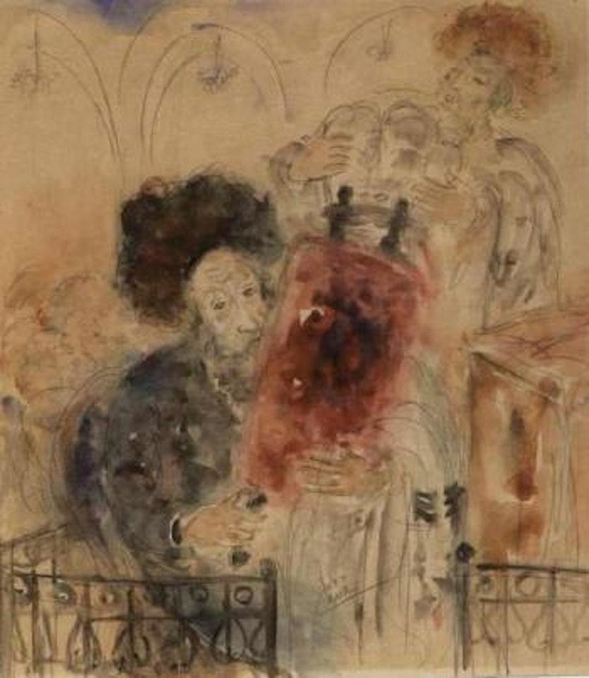 Two Rabbis holding torah by Reuven Rubin