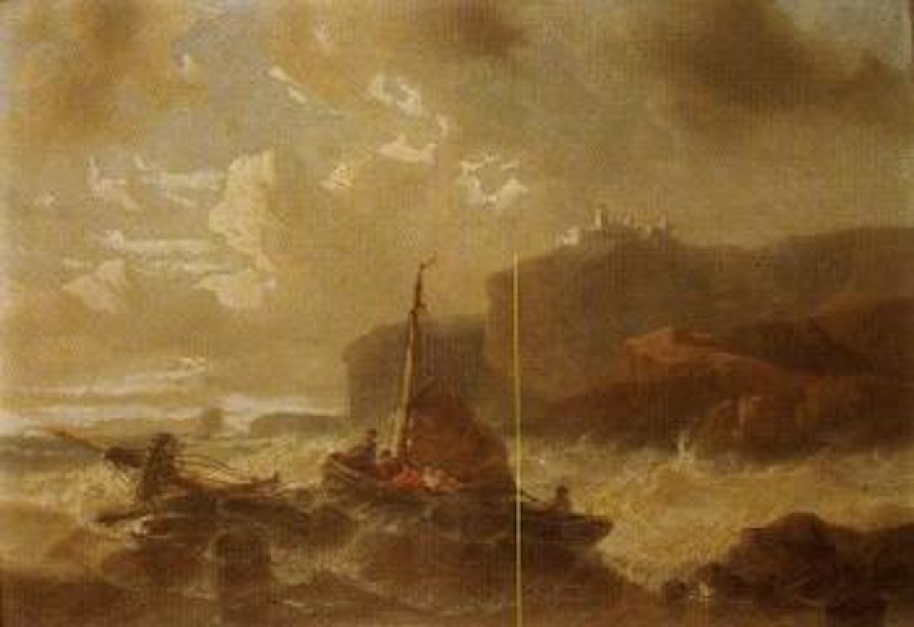 L'arrivee de la barque par gros temps, grace a un feu cotier et naufrage by François Etienne Musin