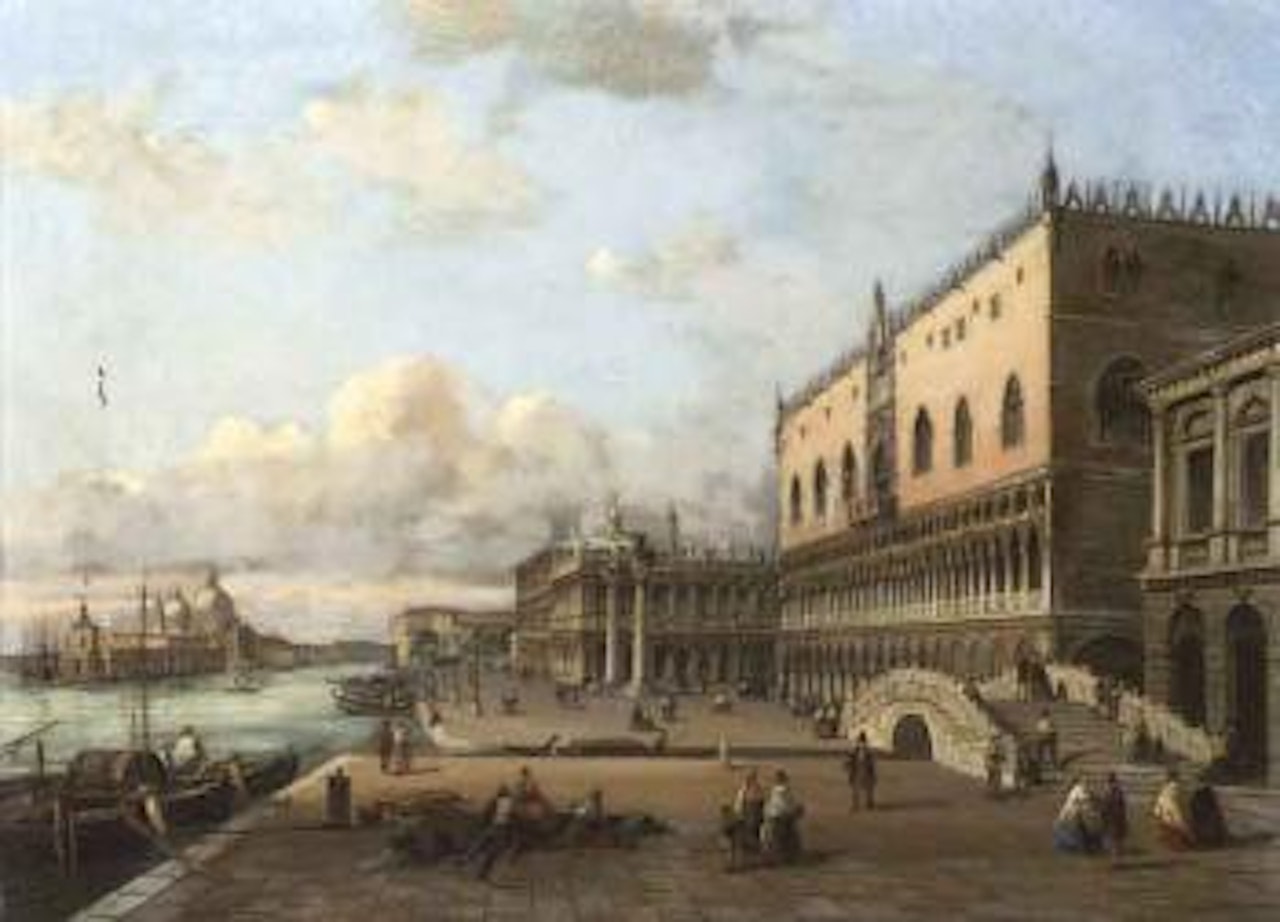 Figures in the Piazzetta with Santa Maria della Salute beyond by Carlo Grubacs