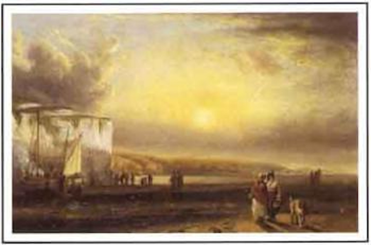 Sunset beach scene with boats, figures and a dog by Thomas Luny