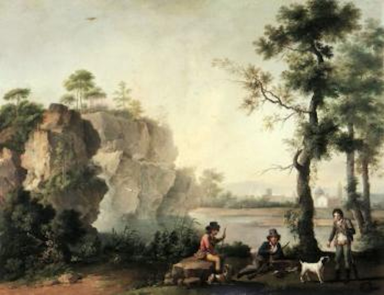 Hunters resting by river by Jacob Philipp Hackert