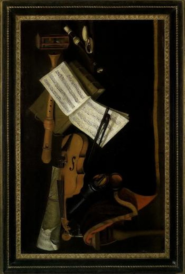 Still life with musical instruments and hour glass by Italian School
