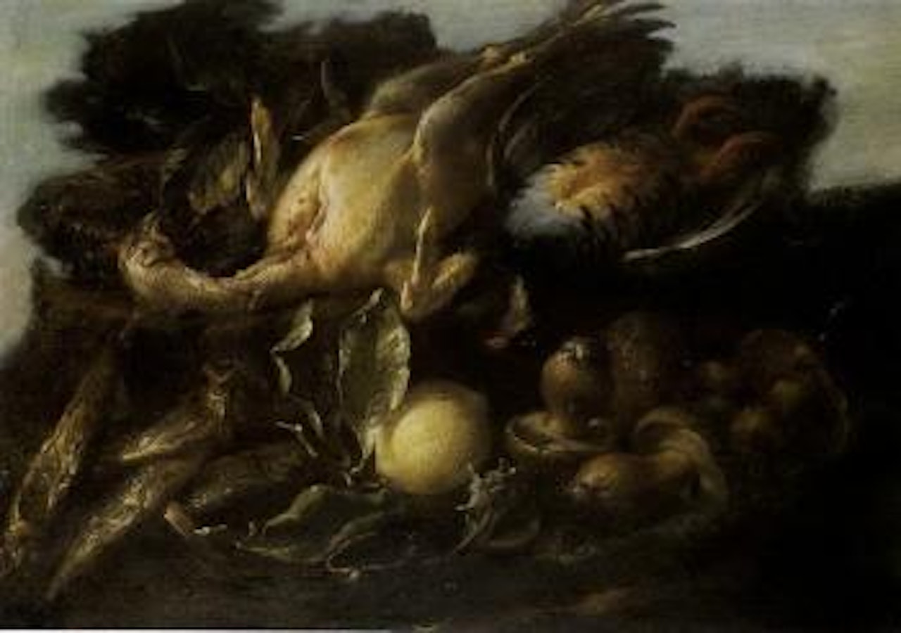 Still life with plucked turkey, fish and mushrooms by Giuseppe Recco