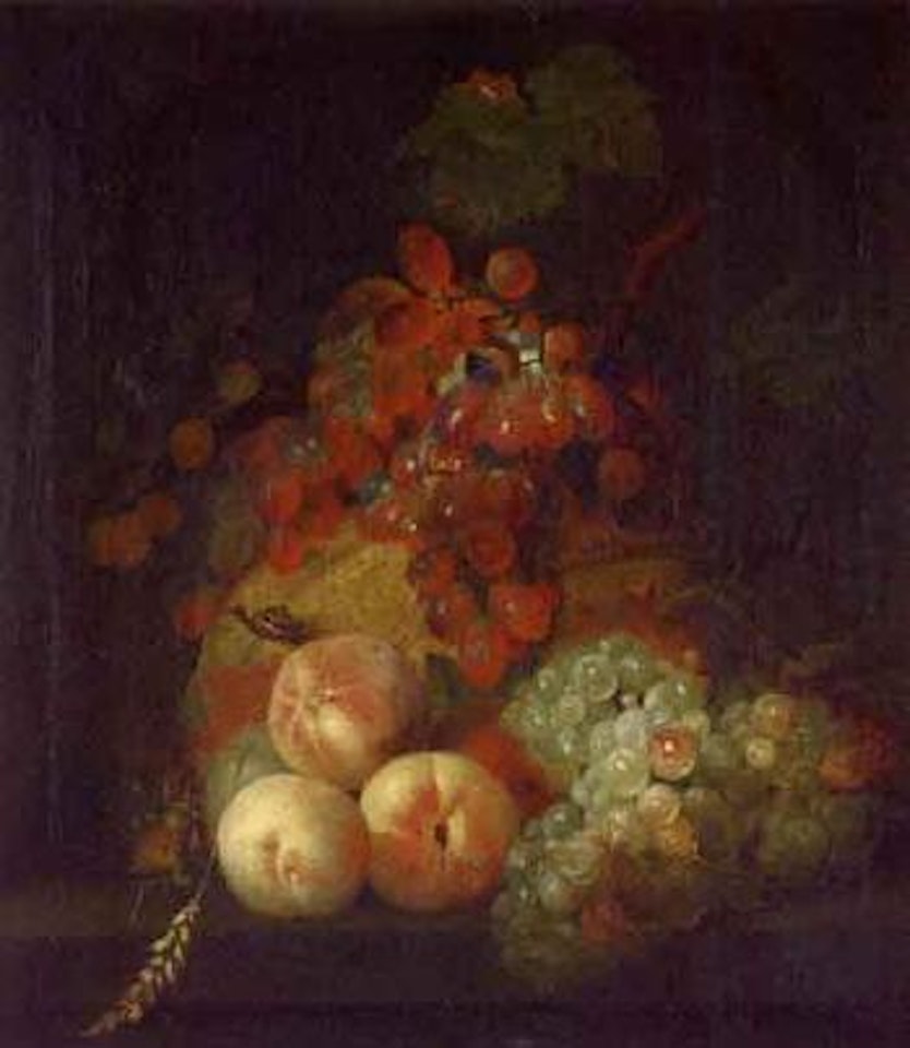 Still life with grapes, peaches, melons, snail by Abraham Mignon