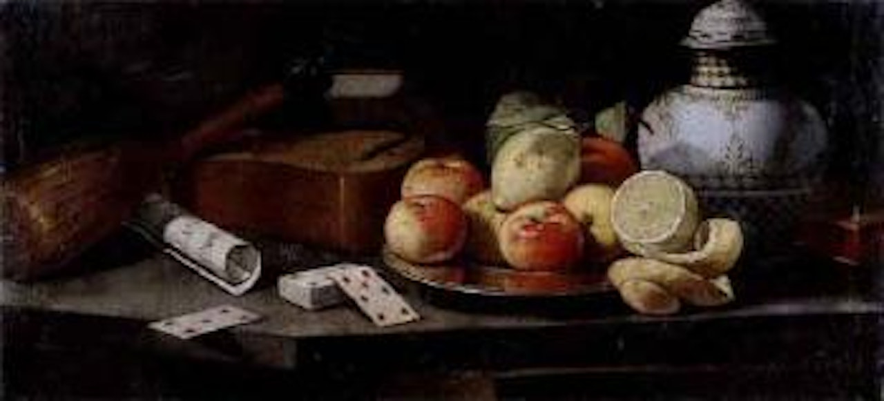 Still life with fruit, playing cards and musical instruments by Flemish School