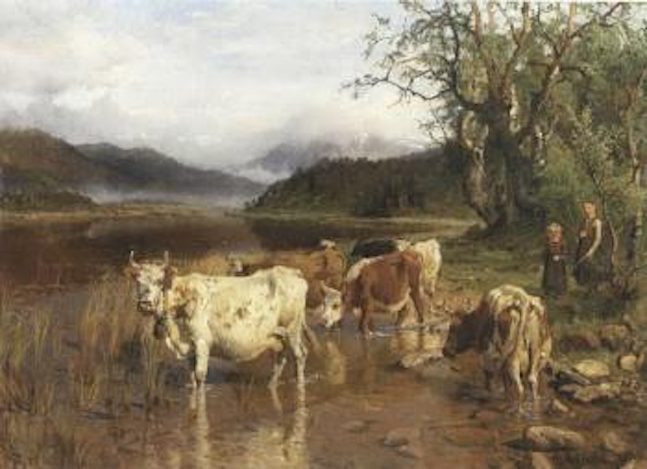 Cattle at the watering place by Anders Monsen Askevold